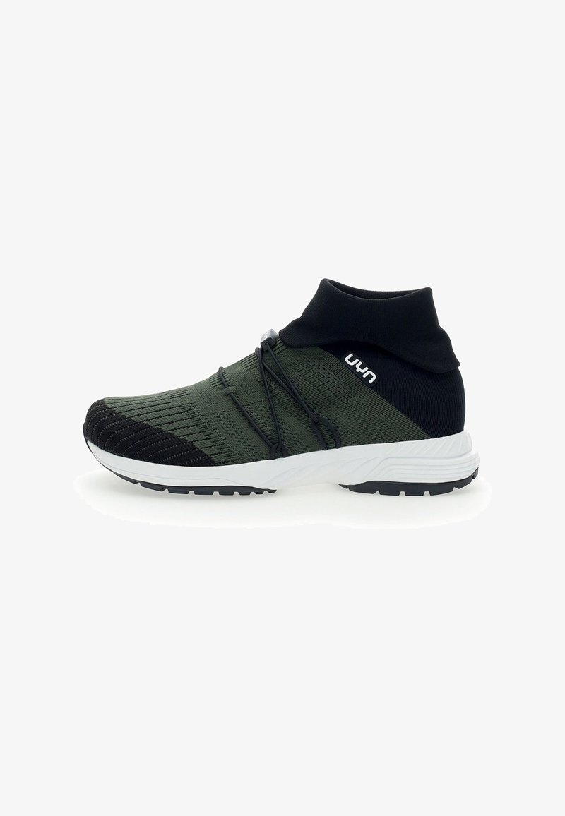 Green athletic shoe with a knitted upper, black accents, elastic lacing system, and a white sole, featuring a low-cut ankle design.