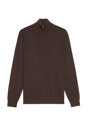 Brauner Pullover mit Viertelreißverschluss, langen Ärmeln, geripptem Saum und glatter Textur. Einfaches Design ohne Muster oder Logos.