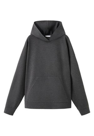 Hooded sweatshirt in dark gray, made of soft fabric. Features a front pouch pocket and wide, dropped shoulders. Simple, unadorned design.