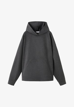 Hooded sweatshirt in dark gray, made of soft fabric. Features a front pouch pocket and wide, dropped shoulders. Simple, unadorned design.