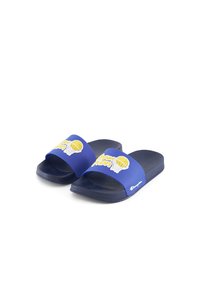 Blue rubber slide sandals with wide straps featuring a yellow basketball graphic and white net design. Textured footbed for grip.