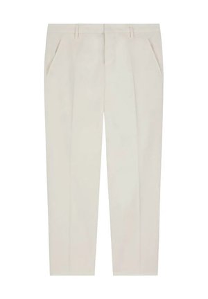 Pantaloni beige su misura con fronte piatto, due tasche laterali e passanti per cintura. Presentano un design a gamba dritta e una texture della stoffa liscia.
