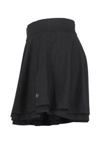 Zwarte geplooide rok, gemaakt van zachte stof met een elastische tailleband, met gelaagde ruches en een kleine logo-accent nabij de zoom.