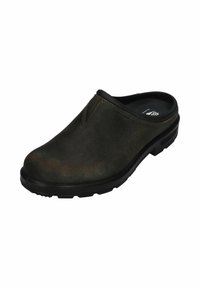 Mörkgrön slip-on träskor med en slät, mockaliknande yta, rund tå och en hållbar svart sula med greppmönster.
