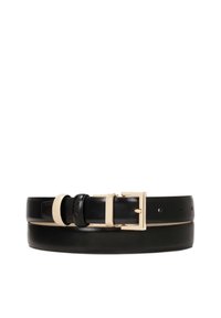Black leather belt featuring a gold-tone metal buckle with a rectangular shape. Smooth texture with multiple holes for adjustability.