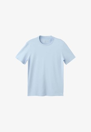 Svetlomodré tričko s krátkym rukávom a okrúhlym výstrihom na bielom pozadí, zobrazujúce predný pohľad s jednoduchým, čistým dizajnom.