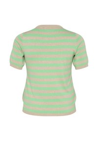 Kortärmad topp i mintgrön och beige horisontella ränder, tillverkad av ett mjukt material med rundad halsringning och något figursydd form.