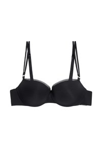 Černá push-up podprsenka vyrobená z hladkého materiálu. Obsahuje nastavitelné ramínka, výztuž s kosticemi a dekorativní lemování kolem okrajů košíčků.