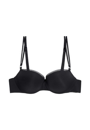 Černá push-up podprsenka vyrobená z hladkého materiálu. Obsahuje nastavitelné ramínka, výztuž s kosticemi a dekorativní lemování kolem okrajů košíčků.
