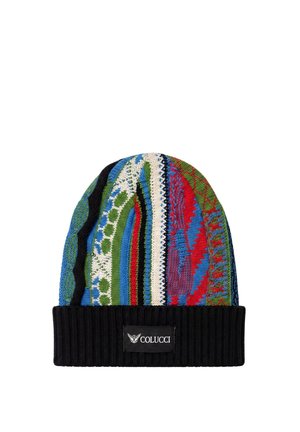 Cappellino lavorato a maglia colorato con motivi verdi, blu, rossi e bianchi e polsino nero a coste pieghevole con etichetta del marchio Colucci.