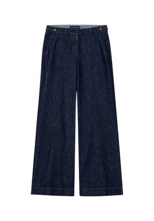 Denim palazzo pants, dark blue, wide-leg design, featuring two front pockets and gold-tone button accents, with visible stitching throughout.