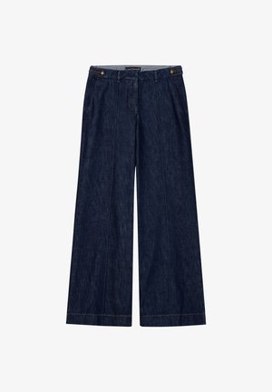 Denim-Palazzohosen, dunkelblau, im Weitbein-Design, mit zwei vorderen Taschen und goldfarbenen Knopfakzenten, durchgehend sichtbare Nähte.