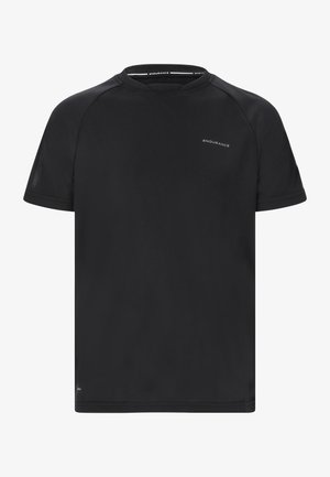 T-shirt de performance noir en tissu léger et respirant. Équipé d'un col rond et de manches courtes raglan. Logo discret à l'avant.