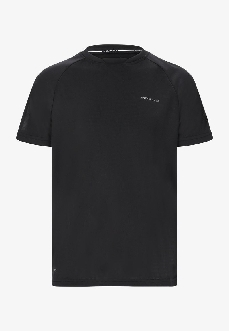 T-shirt de performance noir en tissu léger et respirant. Équipé d'un col rond et de manches courtes raglan. Logo discret à l'avant.