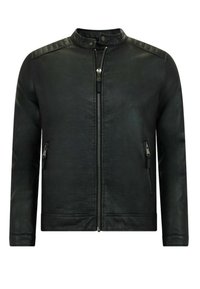 Zwarte leren jas met een staande kraag, ritssluiting en geribbelde schouderaccenten. Bevat twee ritszakken aan de zijkanten.