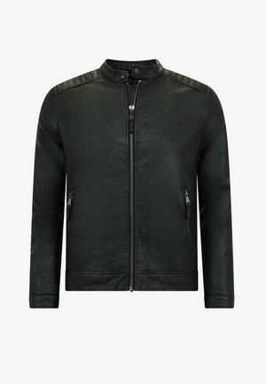 Zwarte leren jas met een staande kraag, ritssluiting en geribbelde schouderaccenten. Bevat twee ritszakken aan de zijkanten.