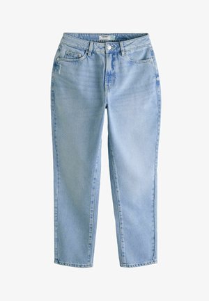 Blugi din denim de culoare bleu deschis, cu croială dreaptă, cinci buzunare și fermoar. Caracterizează un ușor efect de decolorare și detalii cusute de-a lungul cusăturilor.