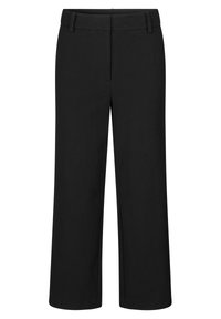 Svarta vida byxor i slät tygkvalitet, med flat front, bälteshällor och utan synliga mönster eller detaljer.