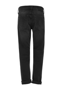 Svarta denimjeans med rak bendesign, featuring två bakfickor, uppvikt nederkant och subtil textur. Ingen synlig märkning bak.