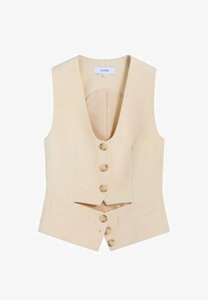 Vestă bej croită, fără mâneci, cu decolteu în V, cinci nasturi în față și două buzunare orizontale la talie.