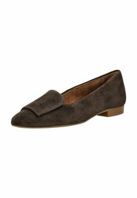 Dunkelbraune Wildleder-Ballerinas mit abgerundetem Zeh und dekorativer Klappe. Sie verfügen über einen niedrigen, rechteckigen Absatz und ein glattes Innenfutter.