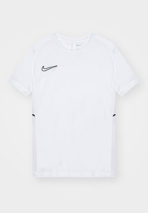 White Nike athletic t-shirt with short sleeves, round neckline, and black accent details. Features breathable mesh panels on the sides.