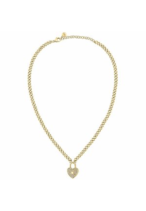 Collana in oro con un pendente a forma di lucchetto a cuore decorato con gemme imitation trasparenti. Texture liscia e lucida con design a catena.
