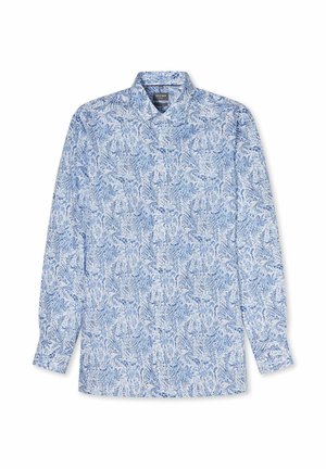 Long-sleeve button-up shirt with white base and intricate light blue floral paisley pattern, spread collar, and cuffed sleeves.