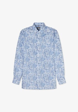 Langärmliges Hemd mit Knopfleiste, weißer Grundfarbe und aufwändigem hellblauem Paisley-Blumenmuster, Kentkragen und mit Manschetten versehene Ärmel.
