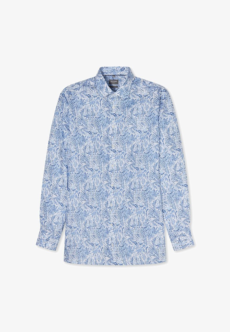 Langärmliges Hemd mit Knopfleiste, weißer Grundfarbe und aufwändigem hellblauem Paisley-Blumenmuster, Kentkragen und mit Manschetten versehene Ärmel.
