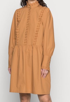 Femme portant une robe beige à manches longues avec bordure en dentelle, col haut froncé et détails de boutons aux poignets.