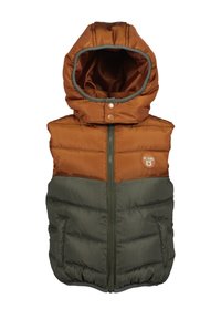 Brun och grön vadderad väst med huva, med en framdragkedja, två sidofickor och ett "VAR SNÄLL" märke på bröstet.