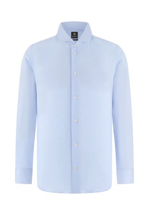 Chemise habillée pour homme de couleur bleu clair, à manches longues, boutonnée à l'avant, avec un col pointu.