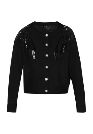Cardigan nero con un design aderente, caratterizzato da dettagli in paillettes a forma di ali sulle spalle e grandi bottoni lucidi lungo la parte anteriore.
