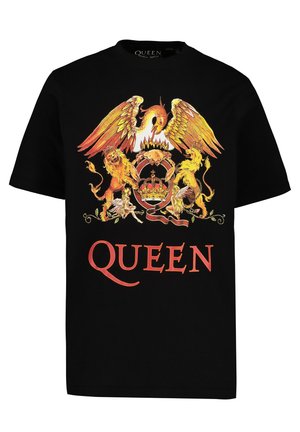 Maglietta nera in cotone con una grafica vivace e multicolore di uno stemma con un'aquila, leoni e la parola "QUEEN" in caratteri rossi in grassetto.