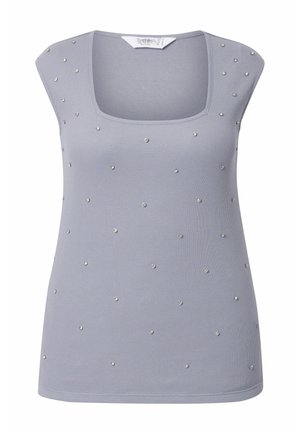 Hellblaues ärmelloses Oberteil aus geripptem Stoff, mit eckigem Ausschnitt und verziert mit verstreuten Strasssteinen für Details.