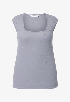 Hellblaues ärmelloses Oberteil aus geripptem Stoff, mit eckigem Ausschnitt und verziert mit verstreuten Strasssteinen für Details.