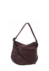 Bordeauxfarbene, fauxlederne Schultertasche mit geschwungenem Design, ausgestattet mit einer vorderen Reißverschlusstasche und einem verstellbaren, stabilen Tragegurt. Glatte Oberfläche.
