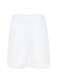 Pantaloni sportivi bianchi realizzati in tessuto leggero. Presentano una vita elastica e una superficie liscia. Nessun motivo o dettaglio visibile.