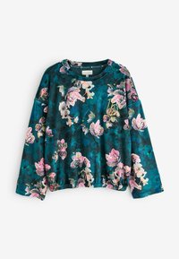 Kvetinová mikina v tmavej teal farbe, s ružovými a bielymi kvetmi. Dlhé rukávy s rebrovaným lemom a mierne naťahovaným pásom pre tvar.