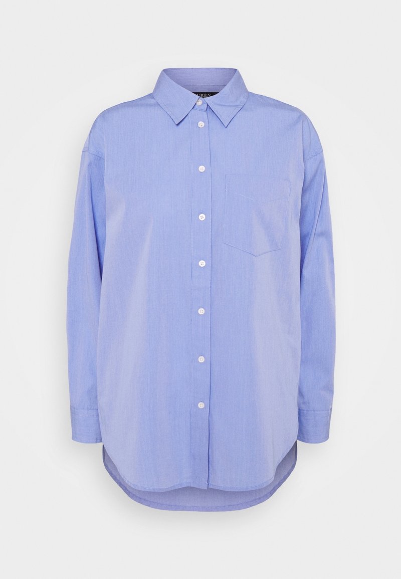 Light blue long-sleeve button-up shirt with a pointed collar and chest pocket, displayed on a white background.