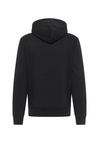 Czarny długi rękaw bluz z kapturem widoczny z tyłu, z dołączonym kapturem oraz ściągaczami przy rękawach i u dołu, prosty design bez logo i wzorów.