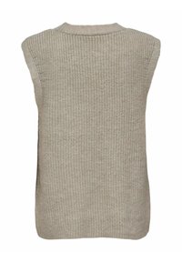 Maglione lavorato a maglia senza maniche di colore beige, con una texture a coste, scollatura rotonda e taglio dritto, caratterizzato da un design minimalista.