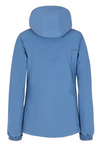 Blaue Softshell-Jacke mit Kapuze, mit einer gesteppten Schulterdetails, elastischen Bündchen und glatter Textur. Rückansicht, keine sichtbaren Verschlüsse.