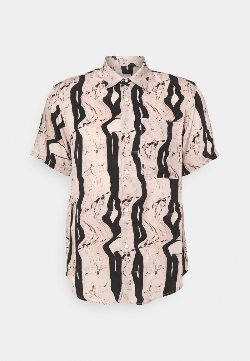 Short-sleeve button-up shirt in light pink with black abstract wave patterns, featuring a chest pocket and a relaxed fit.
