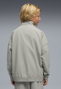 Veste gris clair fabriquée en matériau léger. Présente un col montant, des poignets élastiques et des accents de coutures subtils.