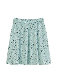Jupe bleu clair avec une taille élastique, arborant un motif abstrait multicolore de feuilles et de formes sur un tissu doux.