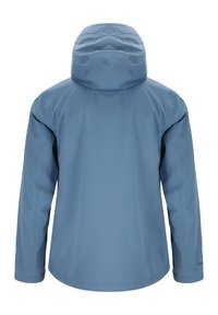 Blå vattentät jacka med huva, slät textur, långa ärmar och rak passform. Har en minimal design och ingen synlig hårdvara.