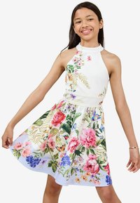 Robe florale avec un col montant, sans manches, et un corsage ajusté avec une jupe évasée ; couleurs vives et motifs floraux détaillés.