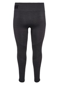 Svarta träningsleggings med hög midja, texturerade meshpaneler på låren och en slät yta. Logotyp tryckt vid midjan.